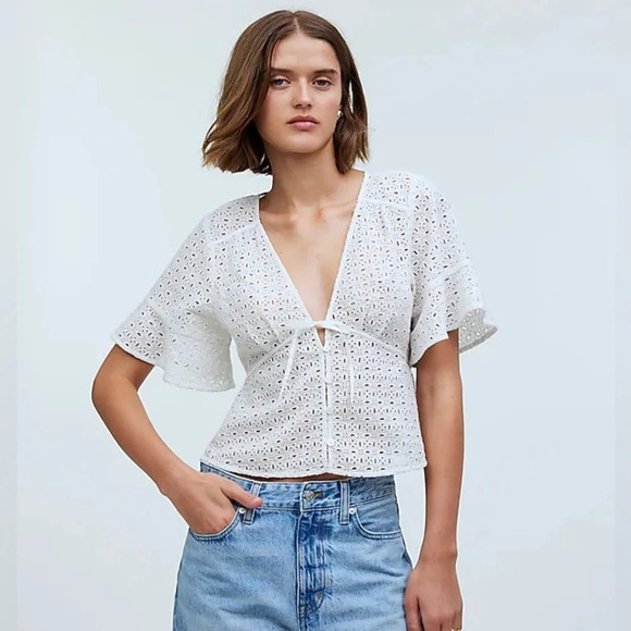 NWT Madewell Tie-Front Top in Eyelet Soft white XXS - Picture 1 of 14